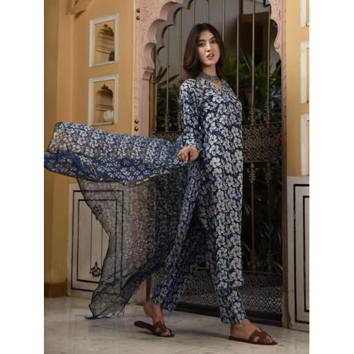 Nainvish Women's Indigo Printed Straight Rayon V-Neck Kurta Pant With Dupatta (Sd693_Kbd-S)