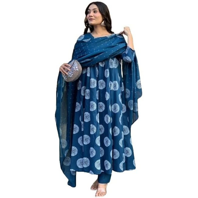 Nermosa Women Printed Anarkali Kurta And Pant Set With Dupatta (In, Alpha, Xl, Blue)