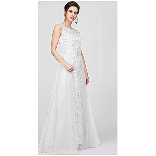 Patlani Women's Net Embroidery Aline-Flered Gown Dress For Women Full Stitched Gown Ready To Wear.(All Over-White-L)