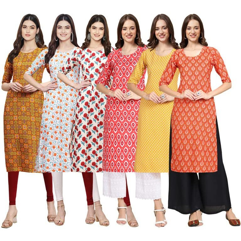 Pinkmint Women's Crepe Digital Print Straight Kurta [Pack Of 6](Qv-333-334-342-346-350-354-M)