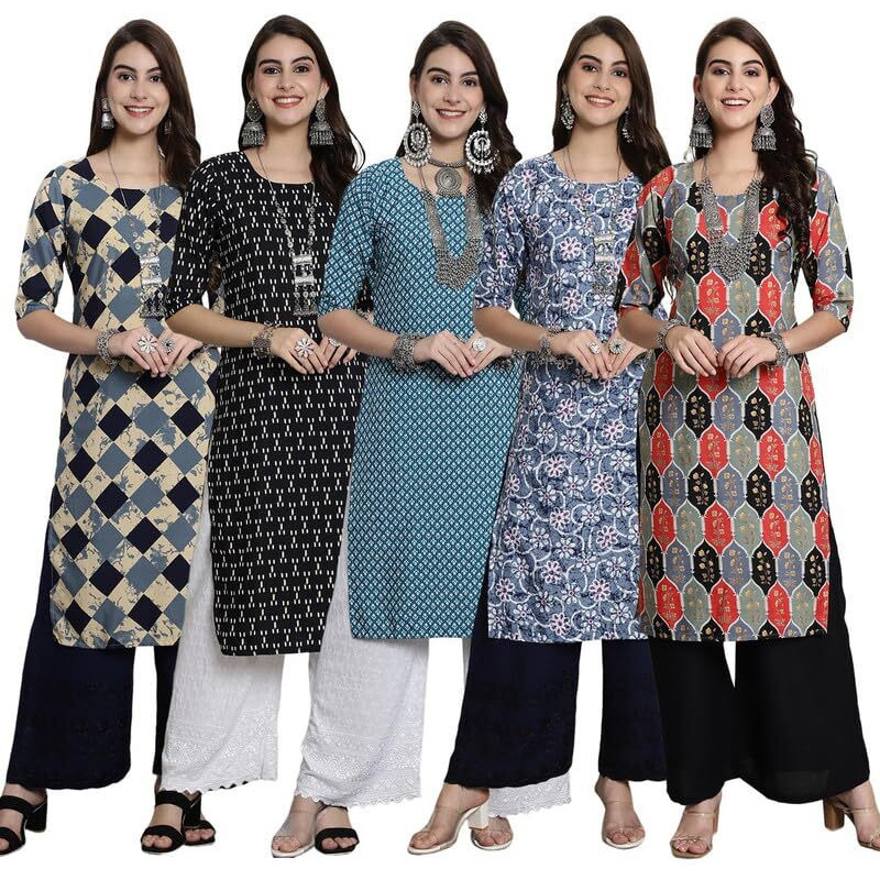 Pinkmint Women's Crepe Kurti For Women's Ethnic Printed Kurti For Women's (Pack Of 5)