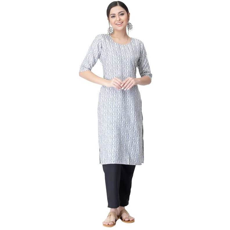 Pinkmint Women's Printed Crepe Straight Kurta And Pant Set Silver