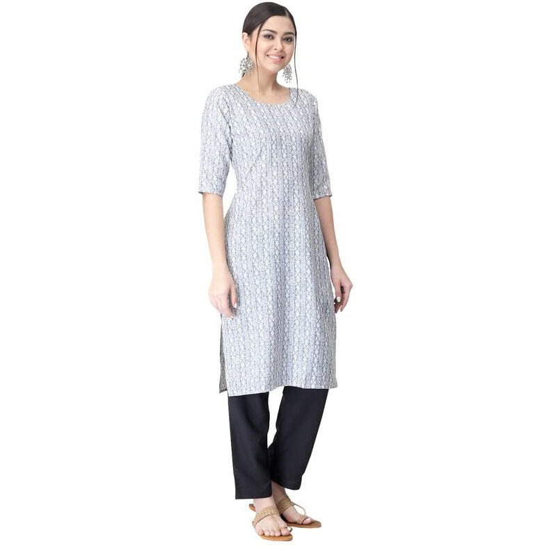 Pinkmint Women's Printed Crepe Straight Kurta And Pant Set Silver