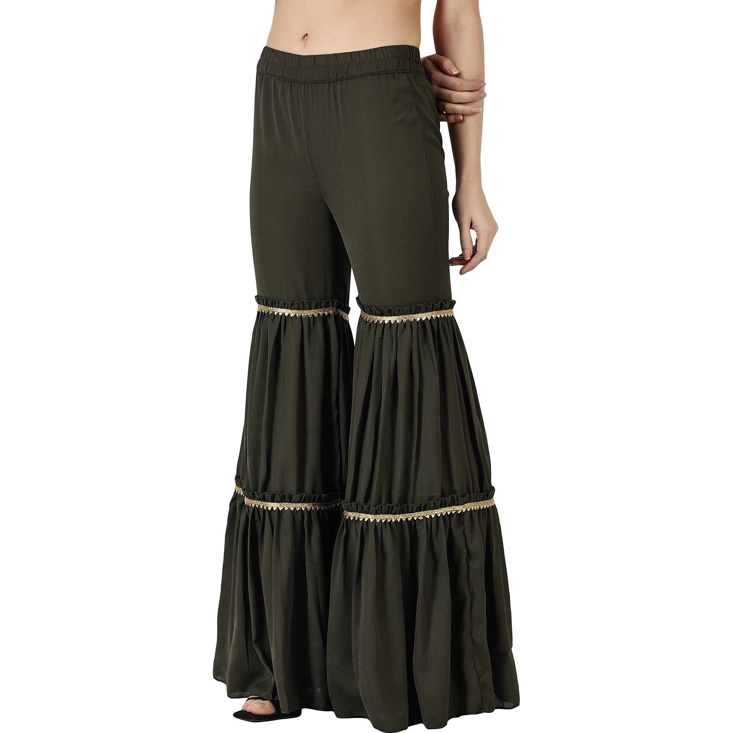 Popwings Casual Olive Georgette Gharara Pant For Women