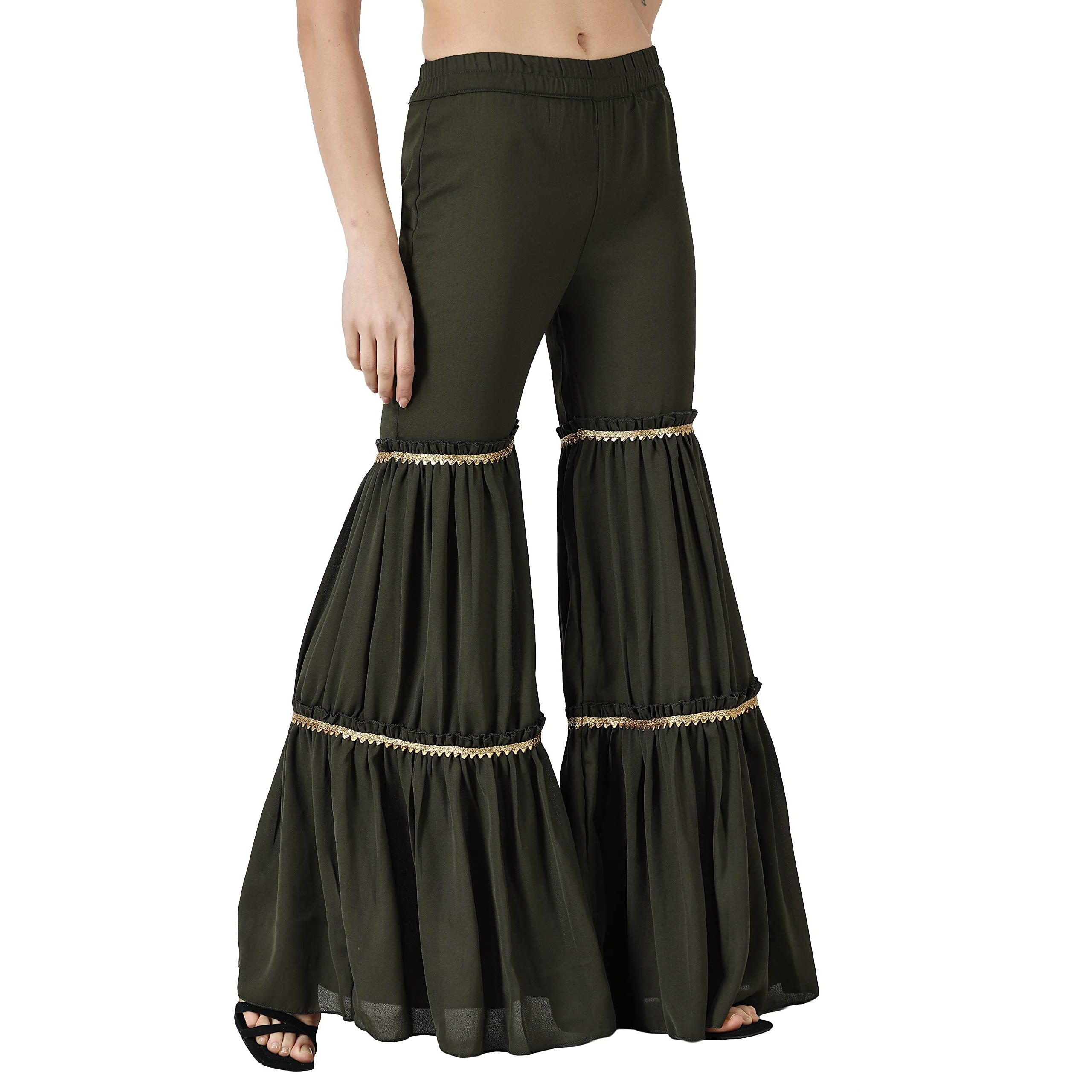 Popwings Casual Olive Georgette Gharara Pant For Women