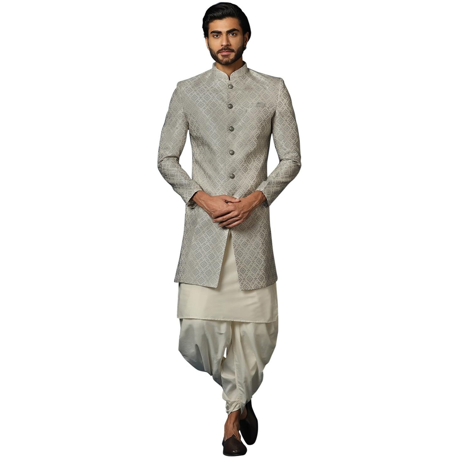 Kisah Men's Grey Indo-Western Kurta Sherwani Dhoti Set Cotton Full Sleaves, Knee Length, Straight, Regular Fit, Mandarin Collar Ethnic Wear (36)