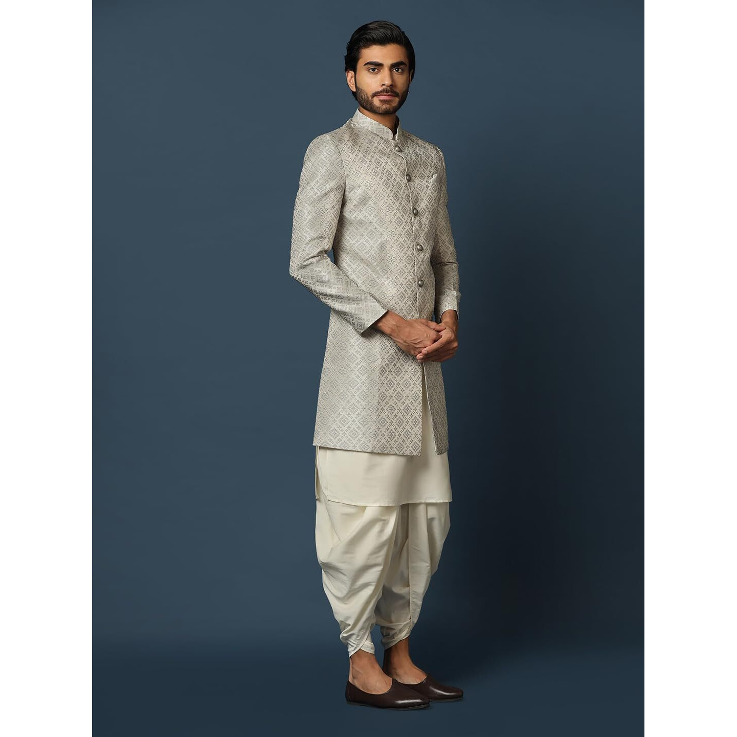 Kisah Men's Grey Indo-Western Kurta Sherwani Dhoti Set Cotton Full Sleaves, Knee Length, Straight, Regular Fit, Mandarin Collar Ethnic Wear (36)