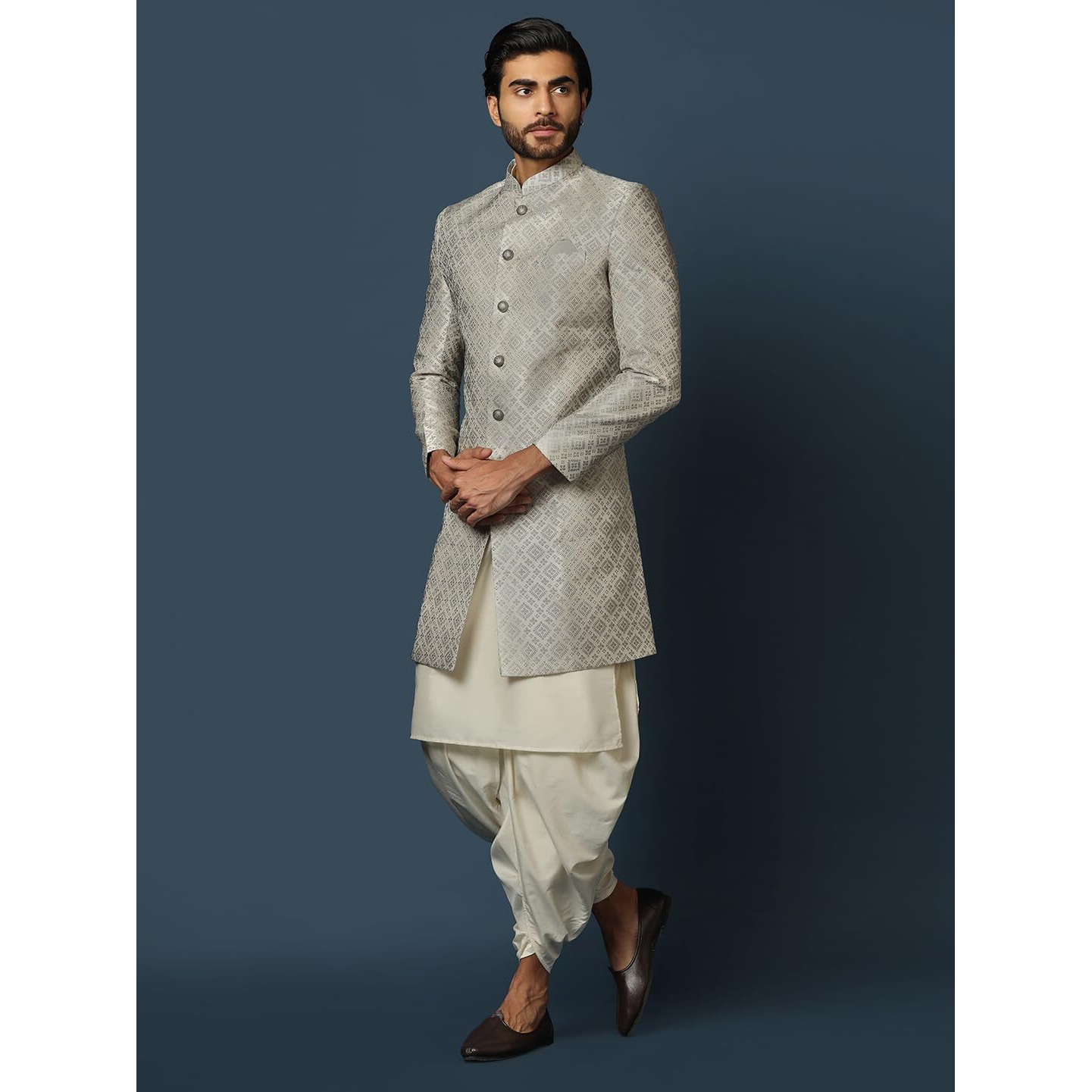 Kisah Men's Grey Indo-Western Kurta Sherwani Dhoti Set Cotton Full Sleaves, Knee Length, Straight, Regular Fit, Mandarin Collar Ethnic Wear (36)