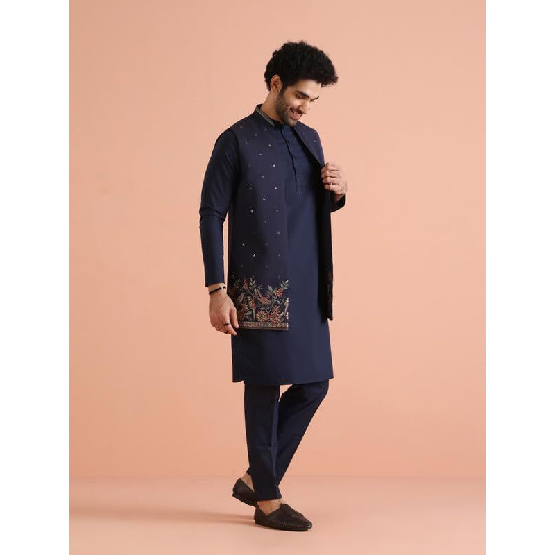 Kisah Mens Kurta Jacket Trouser Set|Cotton Blend Fabric Embroidered Pattern Mens Ethnic Wear|Mandarin Collar Long Sleeves, Navy Blue, 44