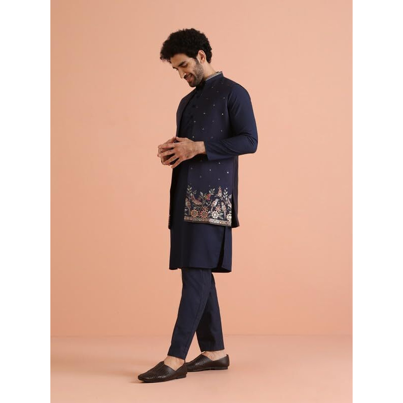 Kisah Mens Kurta Jacket Trouser Set|Cotton Blend Fabric Embroidered Pattern Mens Ethnic Wear|Mandarin Collar Long Sleeves, Navy Blue, 44
