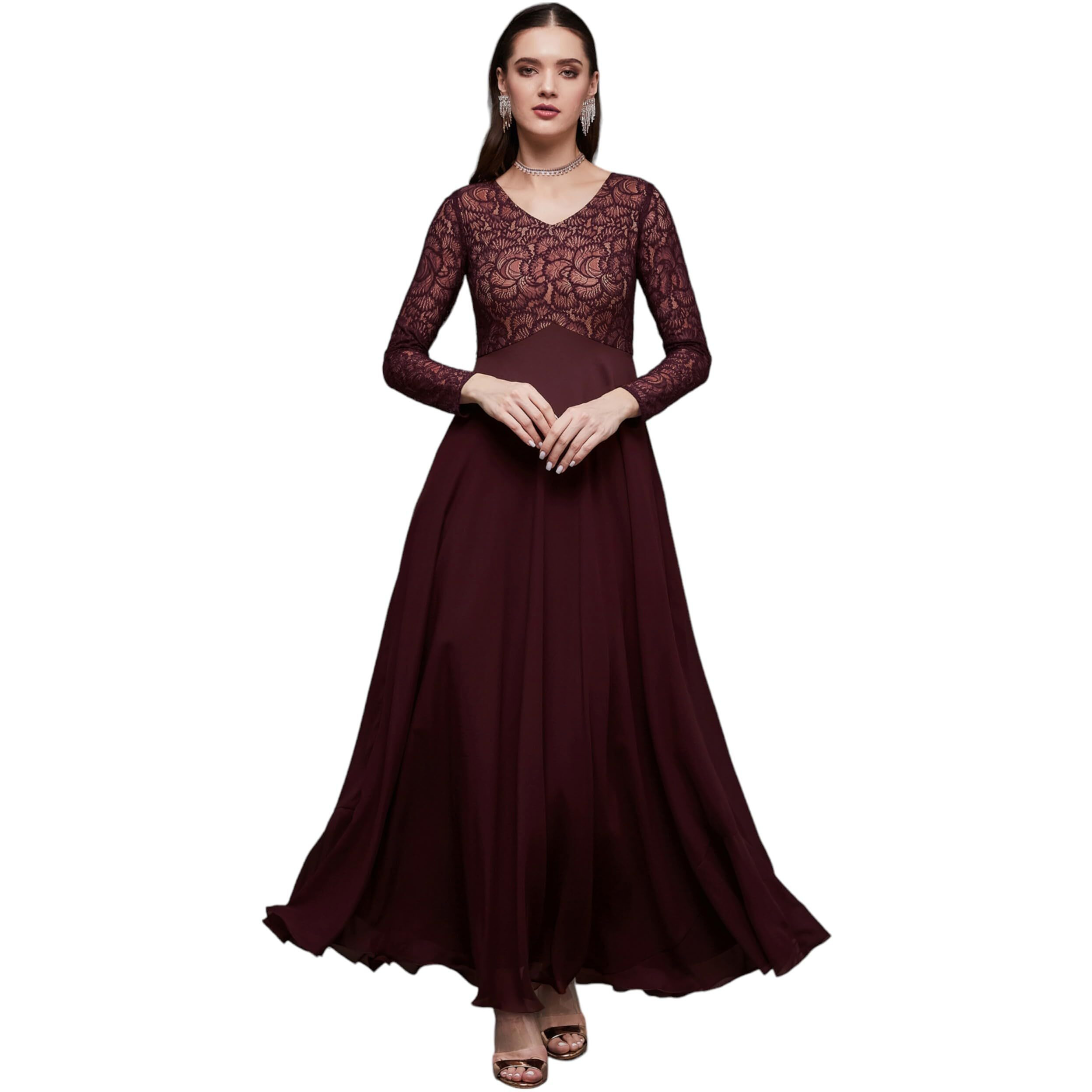 Miss Chase Women's V-Neck Full Sleeve Self Design Lace Overlaid Maxi Dress With Pockets (Plus (Mcaw23D13-85-184-04, Wine, M)