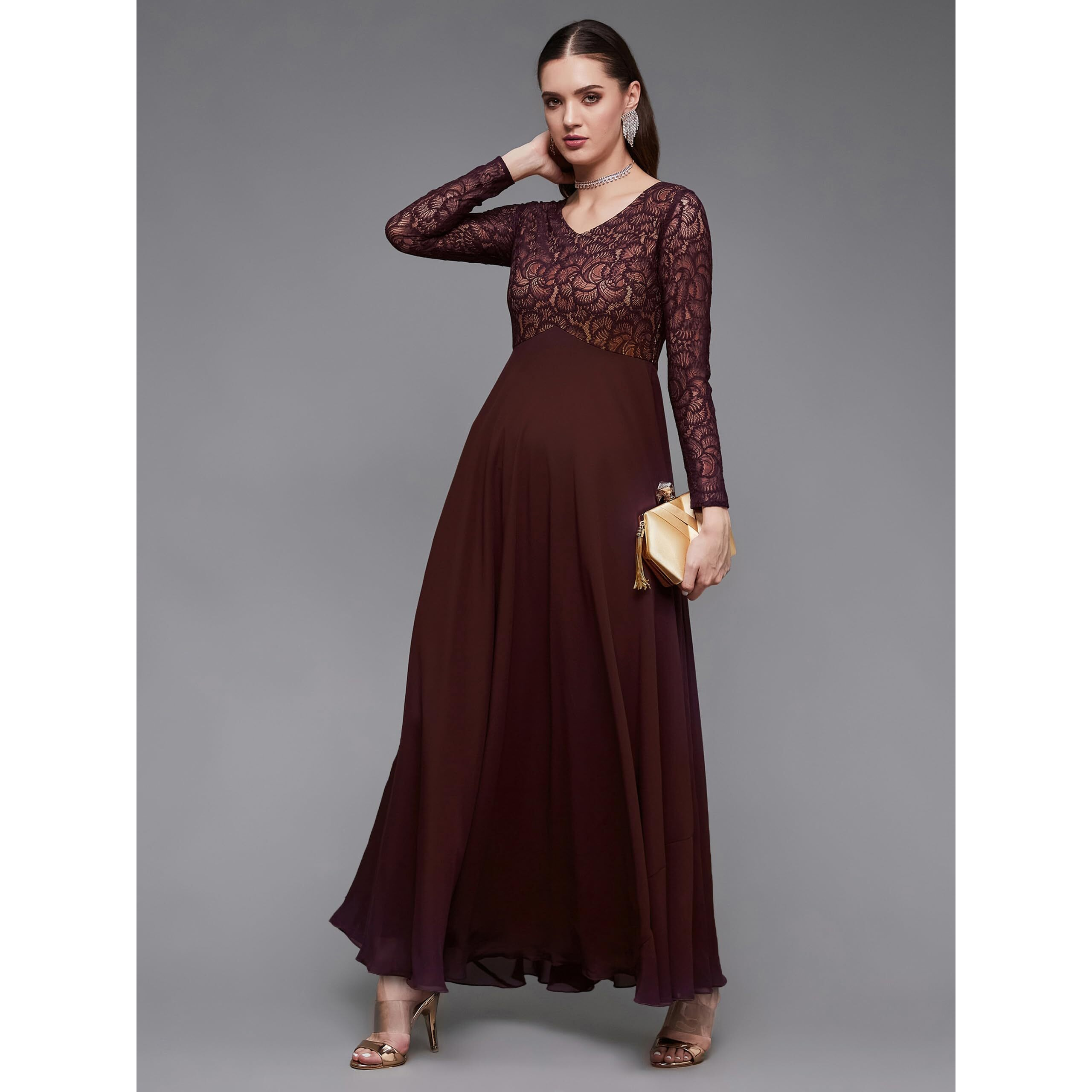 Miss Chase Women's V-Neck Full Sleeve Self Design Lace Overlaid Maxi Dress With Pockets (Plus (Mcaw23D13-85-184-04, Wine, M)