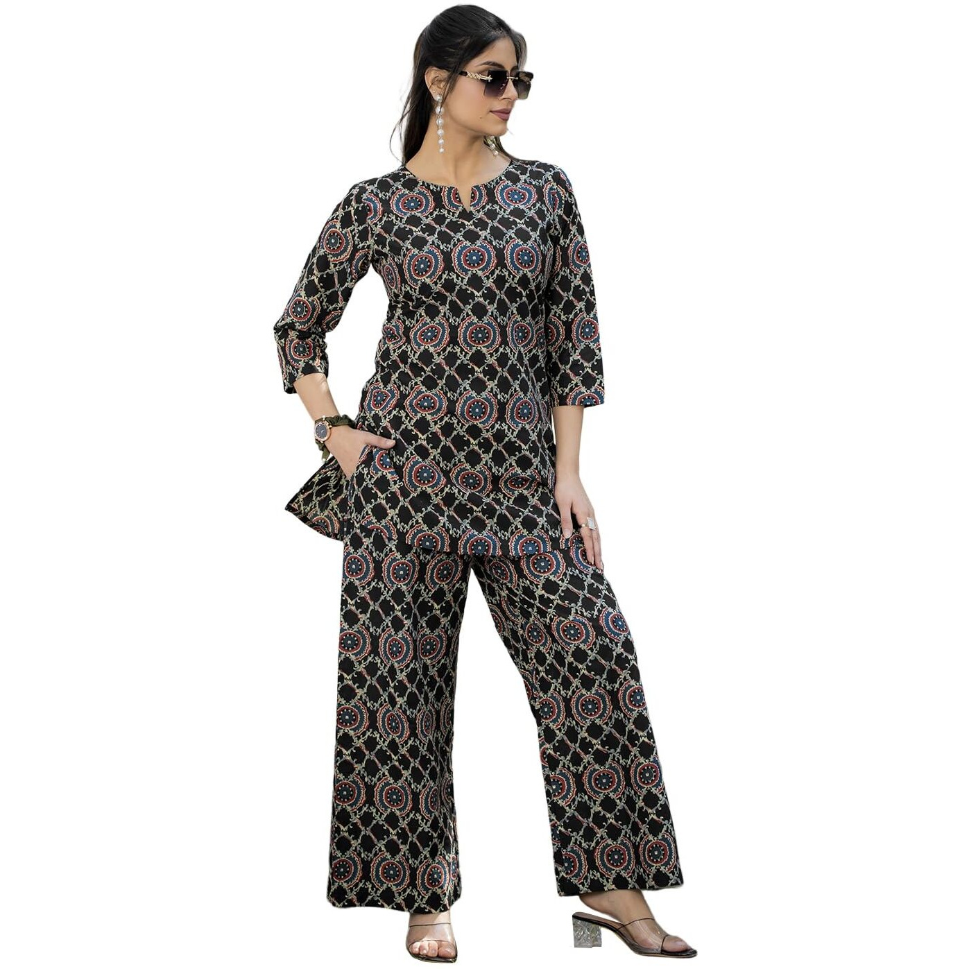 Pinkmint Pure Cotton Co Ord Set For Women L Flower & Leaf Pattern Set L 3/4 Sleeve Co Ord Set