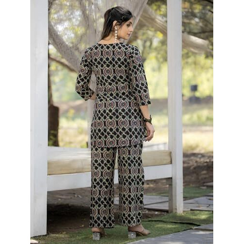Pinkmint Pure Cotton Co Ord Set For Women L Flower & Leaf Pattern Set L 3/4 Sleeve Co Ord Set