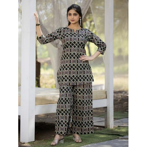 Pinkmint Pure Cotton Co Ord Set For Women L Flower & Leaf Pattern Set L 3/4 Sleeve Co Ord Set