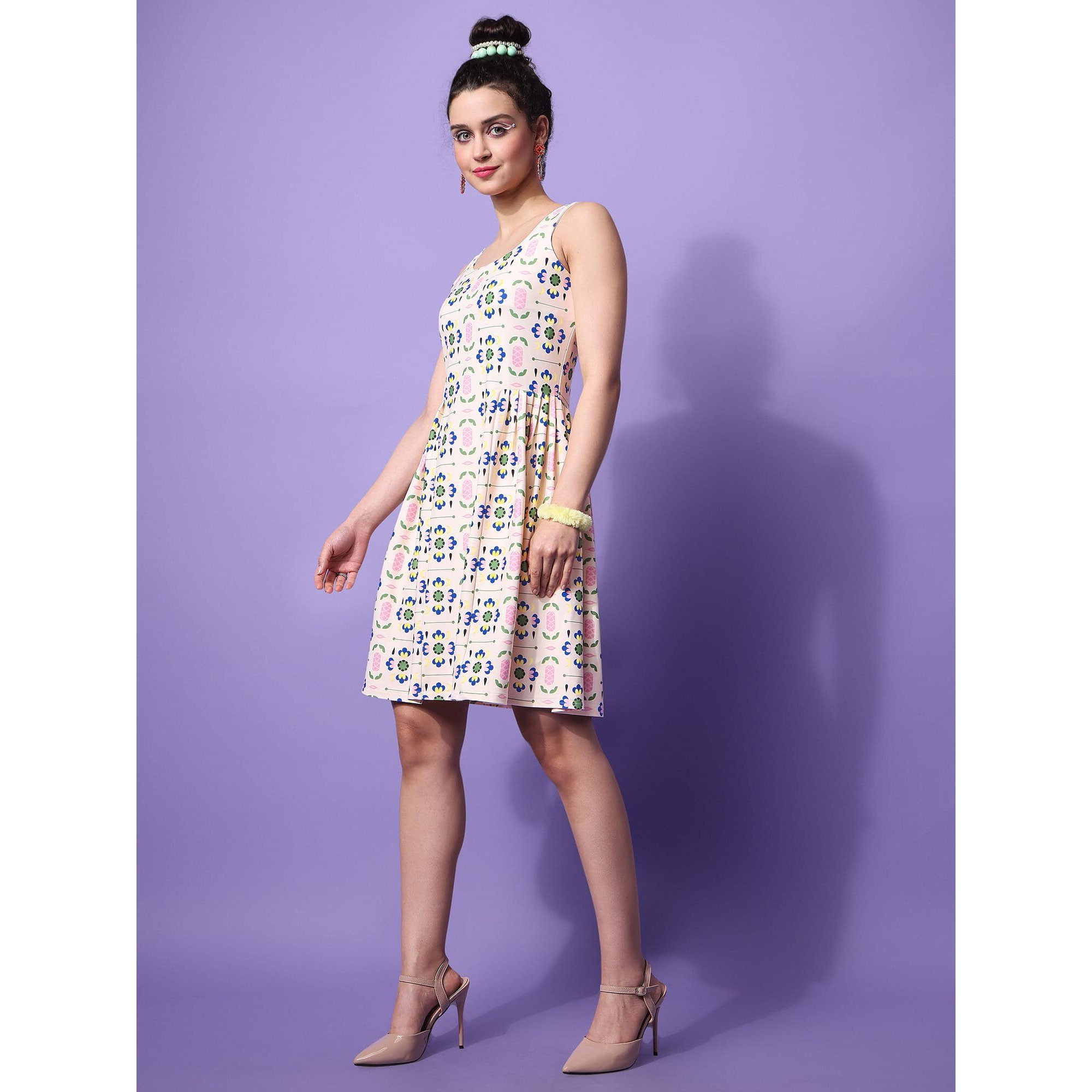 Purvaja Womens Ruched Knee Length Dress (Wini-017-Candy_Beige_Large)