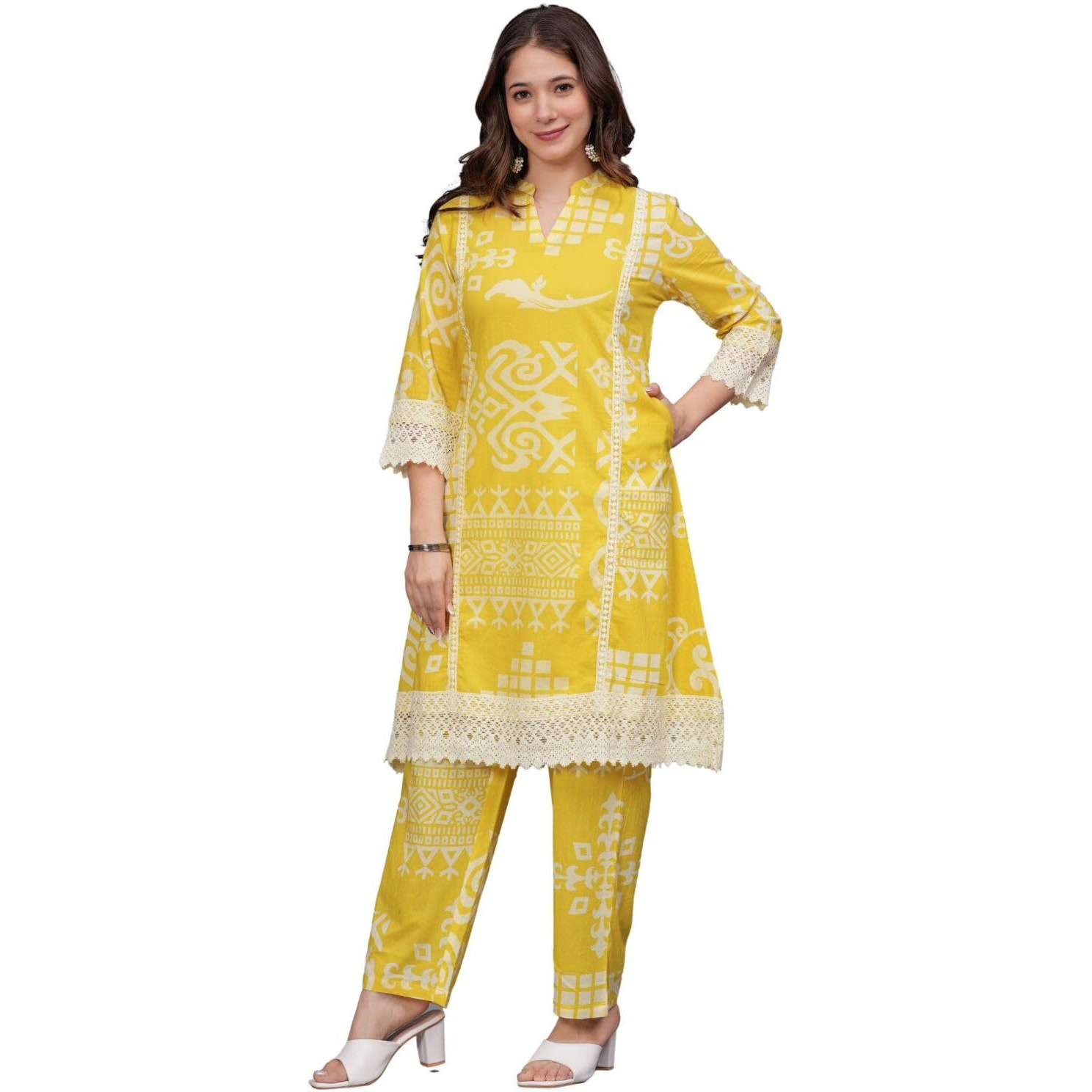 Rytras Women's Pure Cotton Printed Straight Kurta Set With Palazzo Pants - Ethnic Wear, Yellow(Ryt597-New,3Xl)