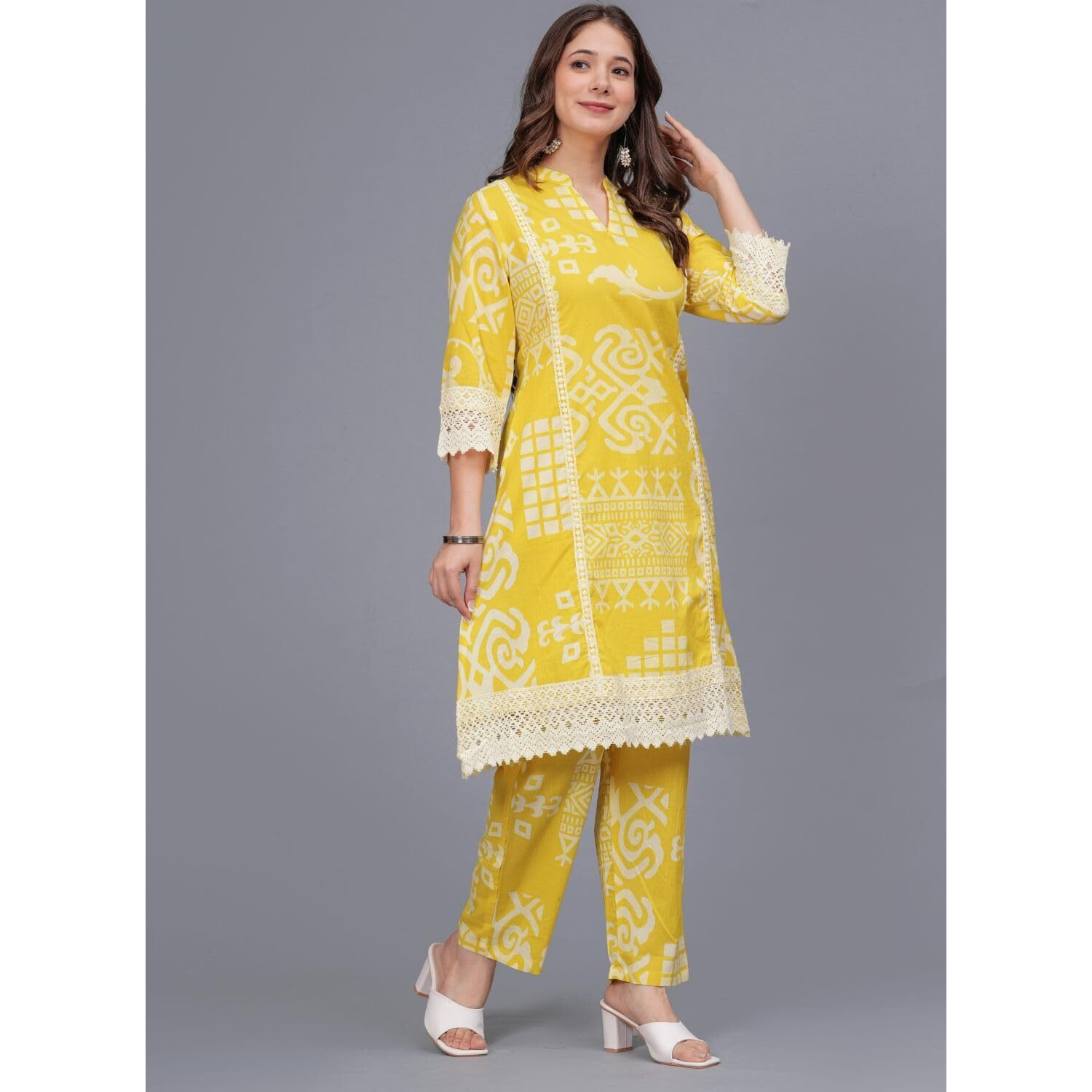 Rytras Women's Pure Cotton Printed Straight Kurta Set With Palazzo Pants - Ethnic Wear, Yellow(Ryt597-New,3Xl)