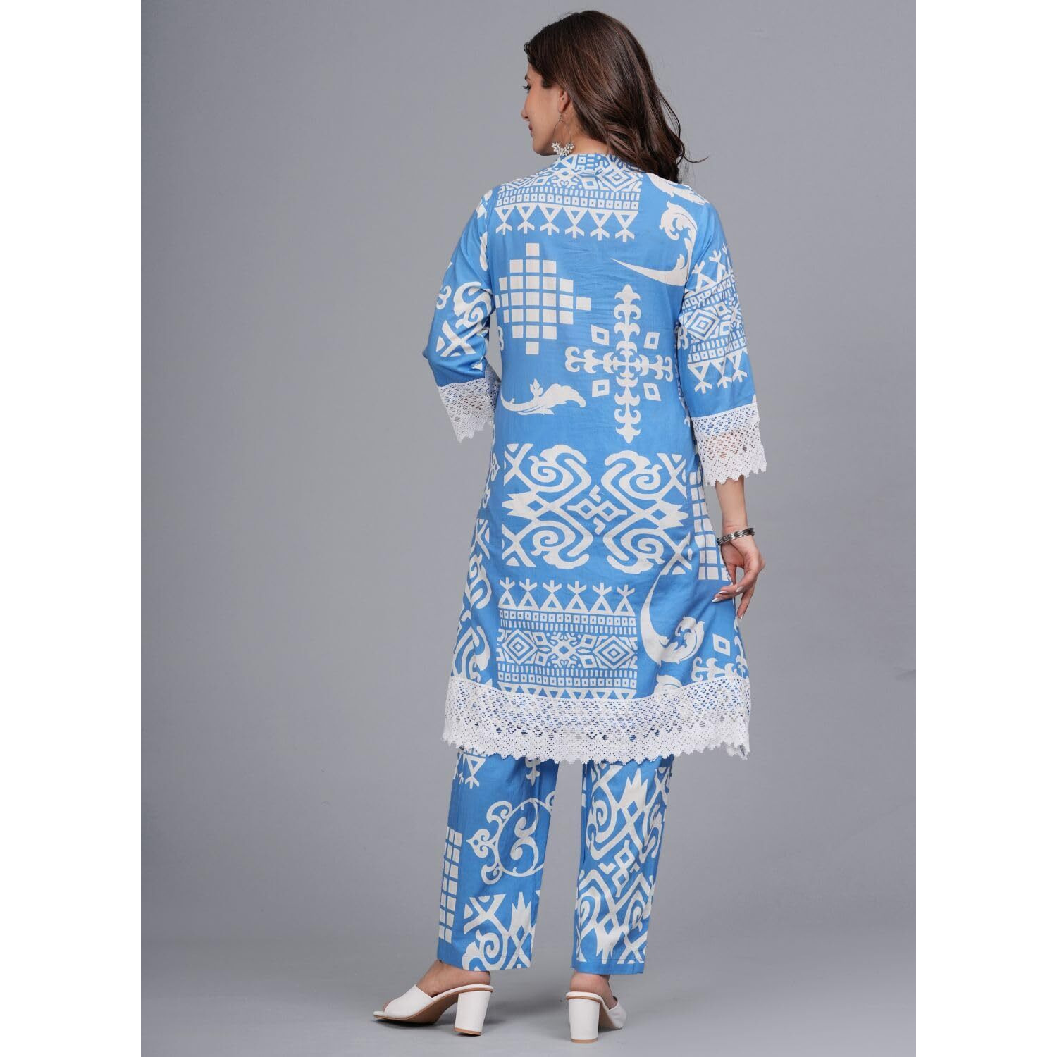 Rytras Women's Pure Cotton Printed Straight Kurta Set With Palazzo Pants - Ethnic Wear, Blue(Ryt597-New,Xl)