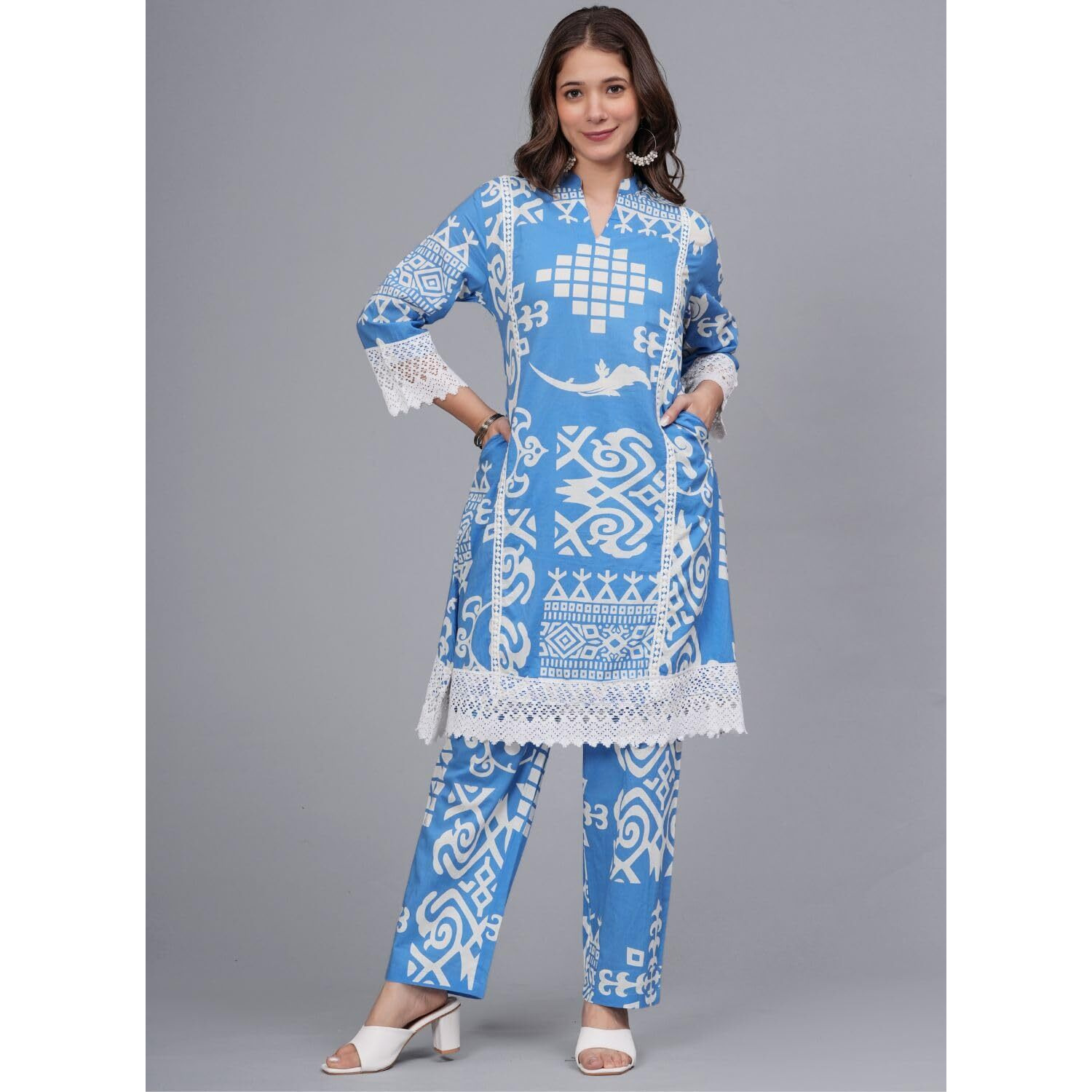 Rytras Women's Pure Cotton Printed Straight Kurta Set With Palazzo Pants - Ethnic Wear, Blue(Ryt597-New,Xl)