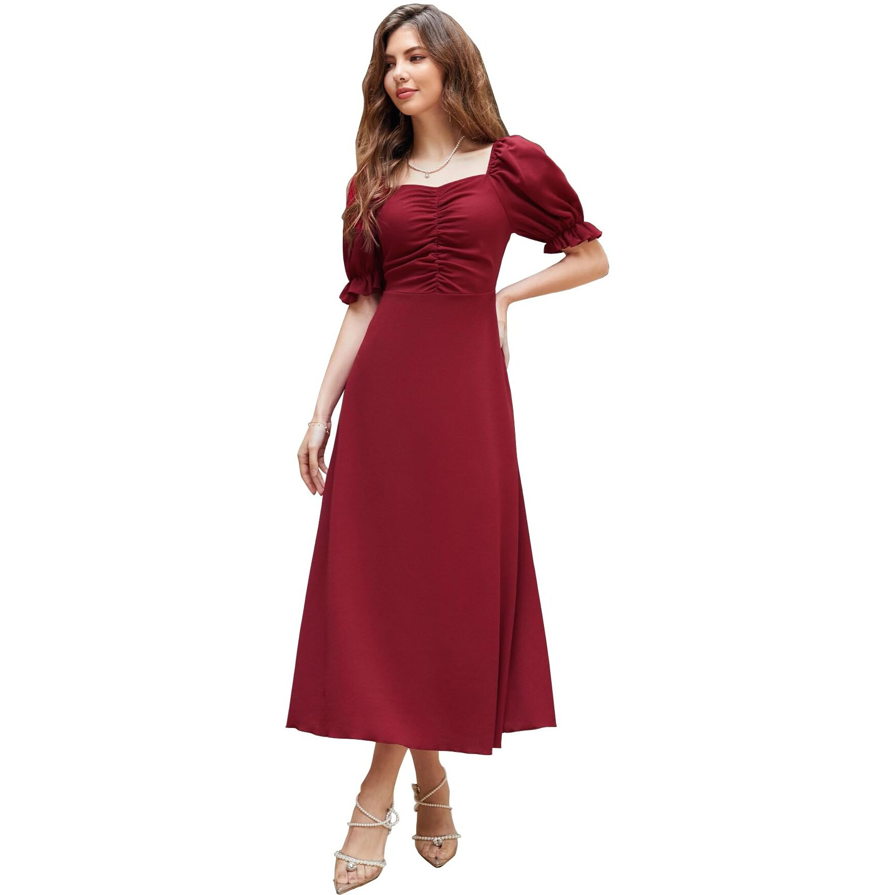 Shasmi Girl's & Women's Solid Maroon A-Line Ruched Puff Sleeve Maxi Long Evening One Piece Long Dress For Women Stylish (Dress 131 Maroon-Xl)