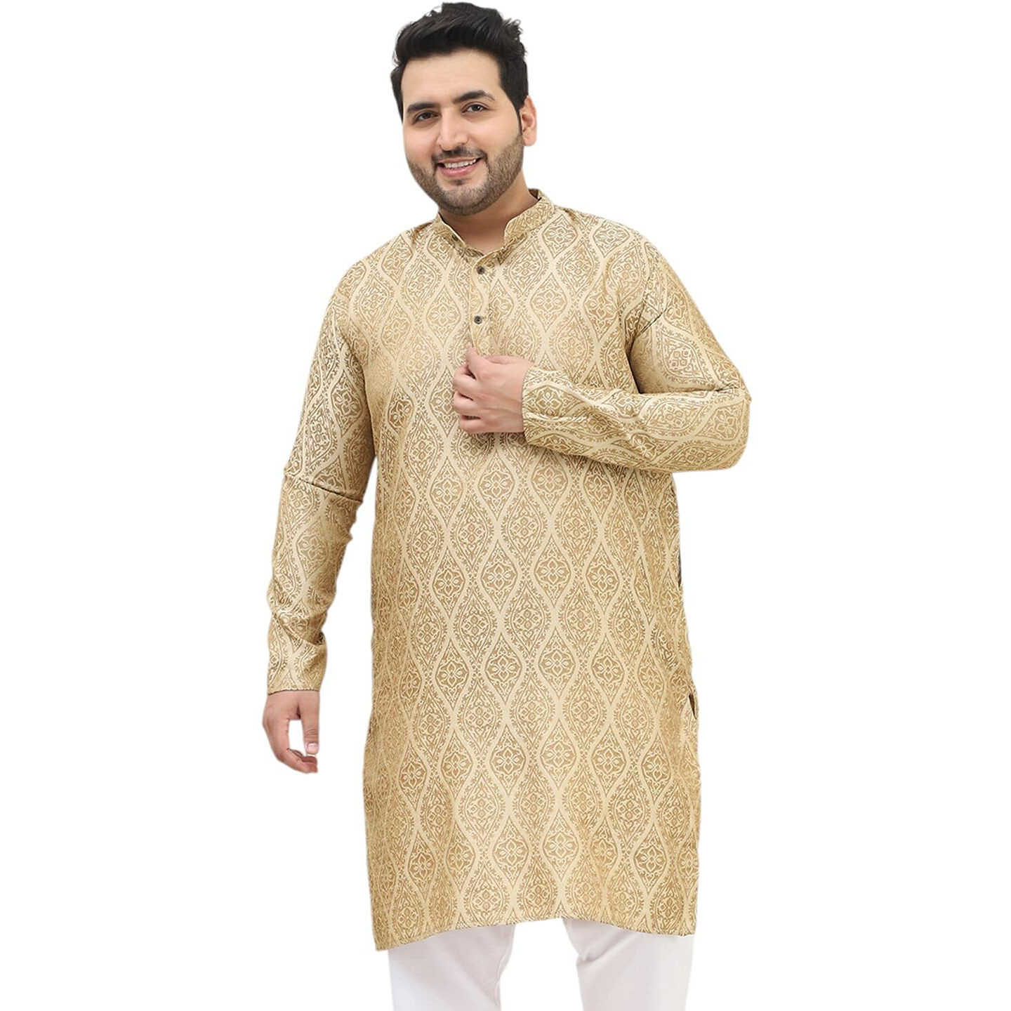 Sojanya Plus (Since 1958) Men's Jacquard Silk Beige & Gold Only Long Kurta