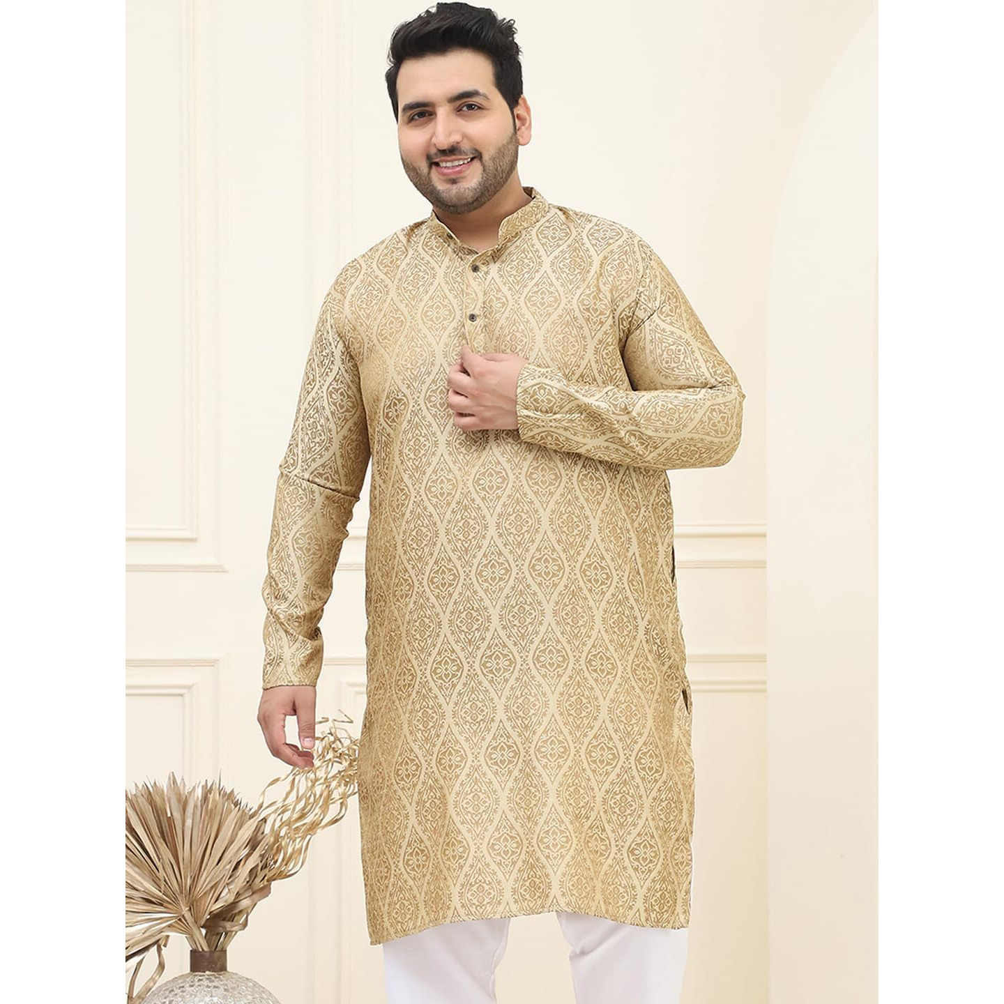 Sojanya Plus (Since 1958) Men's Jacquard Silk Beige & Gold Only Long Kurta