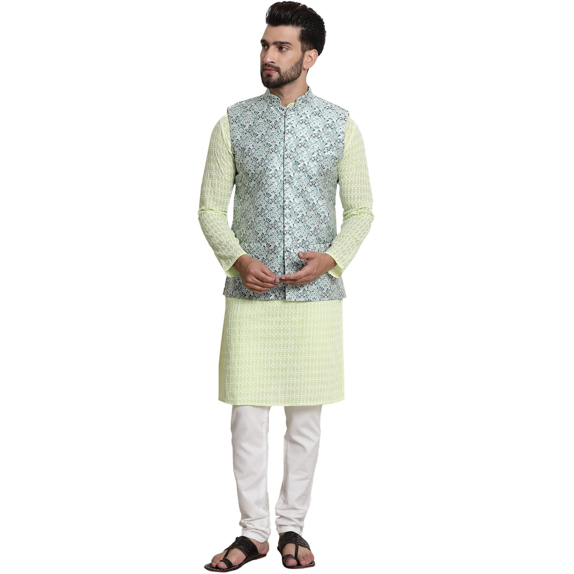 Sojanya (Since 1958 Men's Pure Cotton Green Kurta And White Pyjama With Teal Green Nehru Jacket