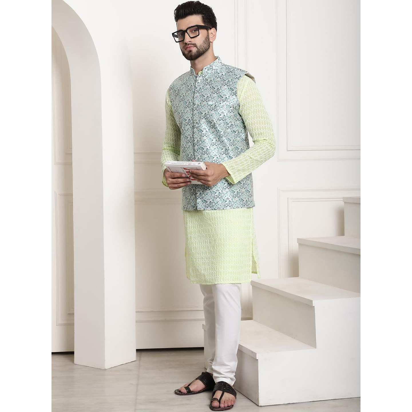 Sojanya (Since 1958 Men's Pure Cotton Green Kurta And White Pyjama With Teal Green Nehru Jacket