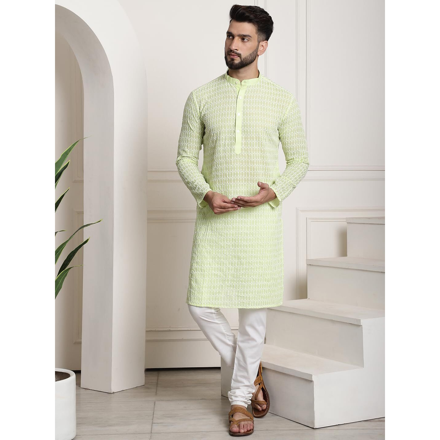 Sojanya (Since 1958 Men's Pure Cotton Green Kurta And White Pyjama With Teal Green Nehru Jacket