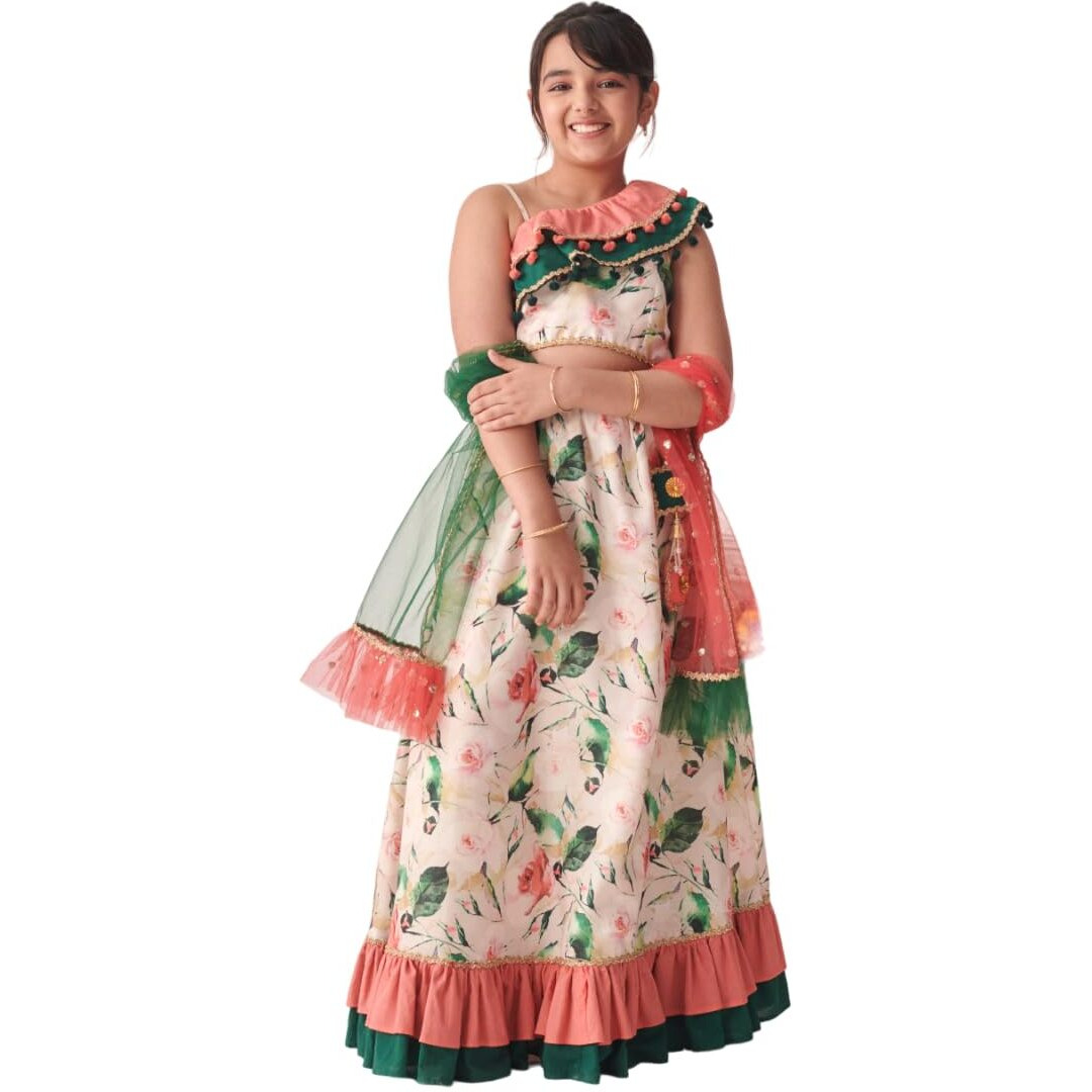 Pspeaches Girl's Cotton 1 Lehenga, 1 Choli, 1 Dupatta (L-Peachgreenflare-4- Peach_4-5Y)