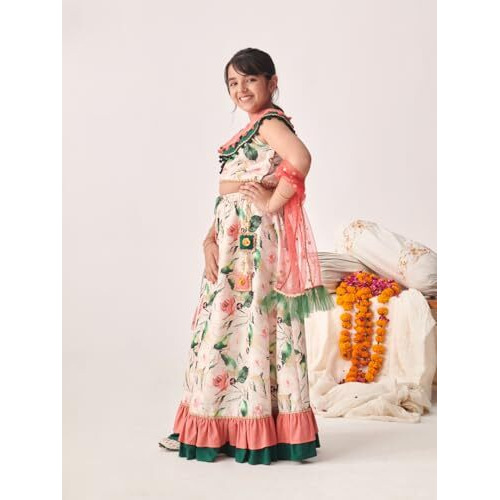 Pspeaches Girl's Cotton 1 Lehenga, 1 Choli, 1 Dupatta (L-Peachgreenflare-4- Peach_4-5Y)