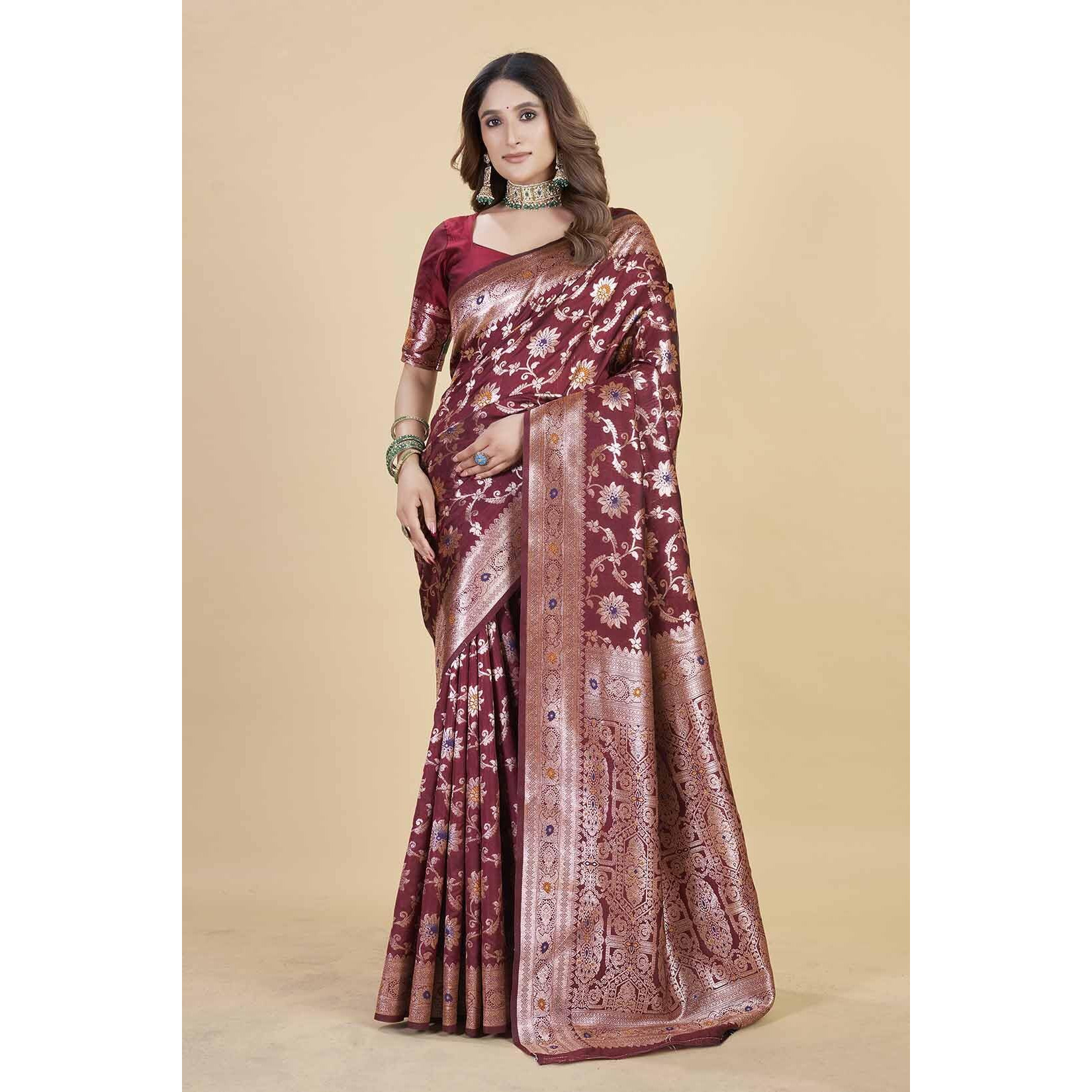 Sugathari Women's Maroon Kanjivaram Banarasi Silk Saree For Patola Festival Wedding Silk With Rich Pallu Design Sarees For Women With Blouse Piece (San Jm 2 Maroon)