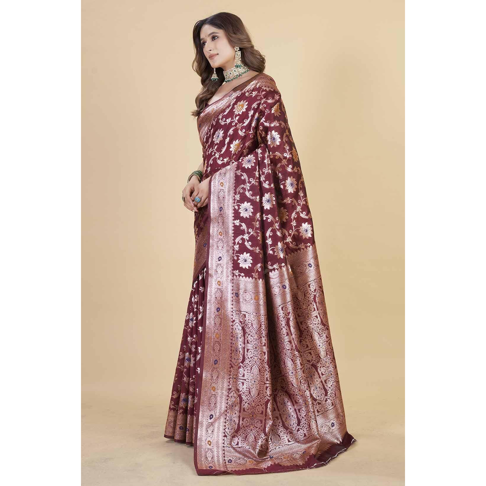 Sugathari Women's Maroon Kanjivaram Banarasi Silk Saree For Patola Festival Wedding Silk With Rich Pallu Design Sarees For Women With Blouse Piece (San Jm 2 Maroon)