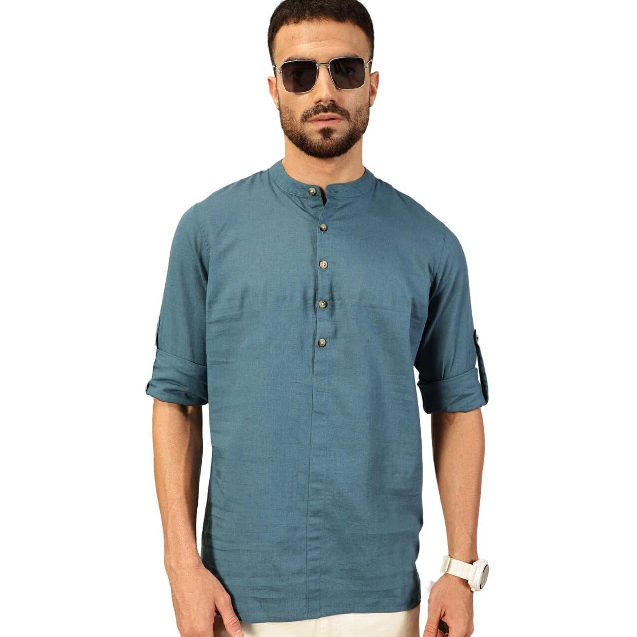Thomas Scott Mens Linen Solid Kurta Shirt (Ts1529_Teal_Xl)