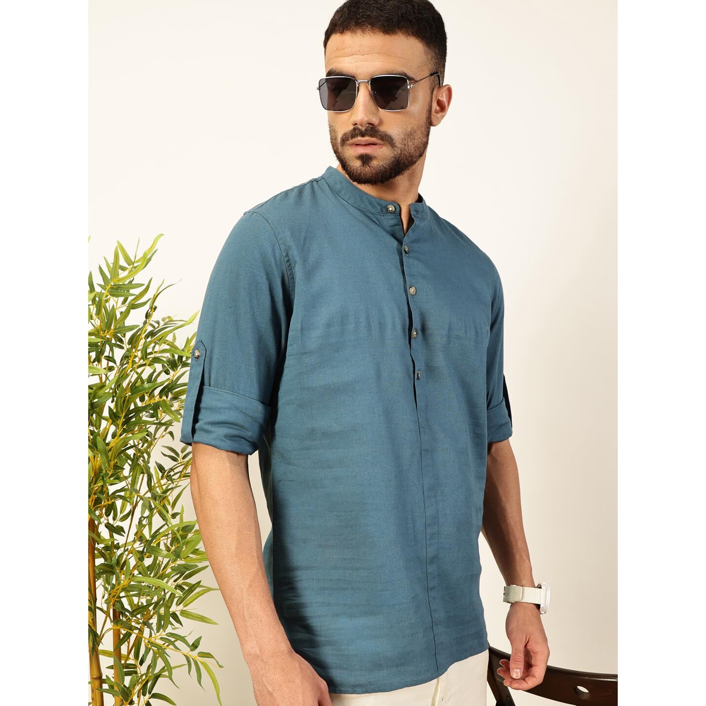 Thomas Scott Mens Linen Solid Kurta Shirt (Ts1529_Teal_Xl)