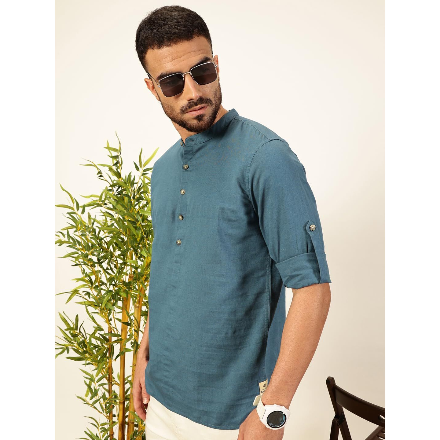 Thomas Scott Mens Linen Solid Kurta Shirt (Ts1529_Teal_Xl)