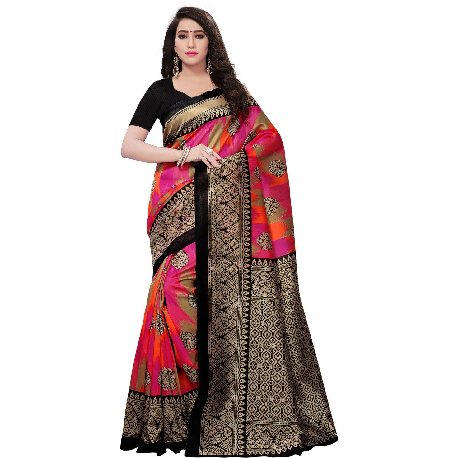 Satrani Women's Poly Silk Saree Combo Pack Of 2 With Unstitched Blouse Piece (800S39N_2431S855N_Multi || Rani Pink)