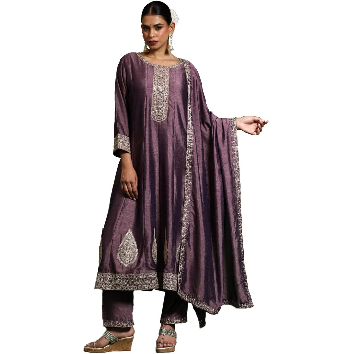 Varanga Women Zari Embroidered Anarkali Kurta With Trouser & Dupatta