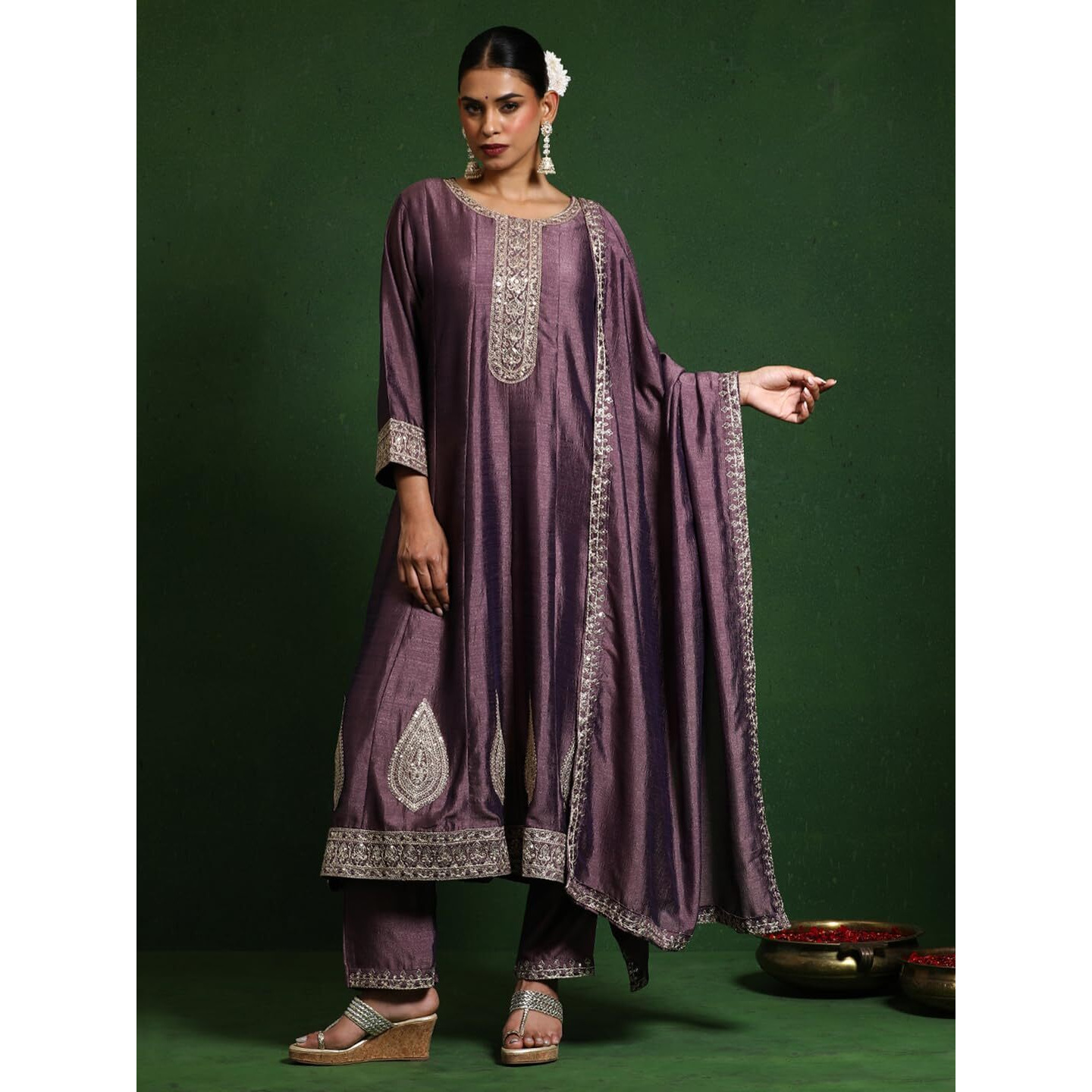Varanga Women Zari Embroidered Anarkali Kurta With Trouser & Dupatta
