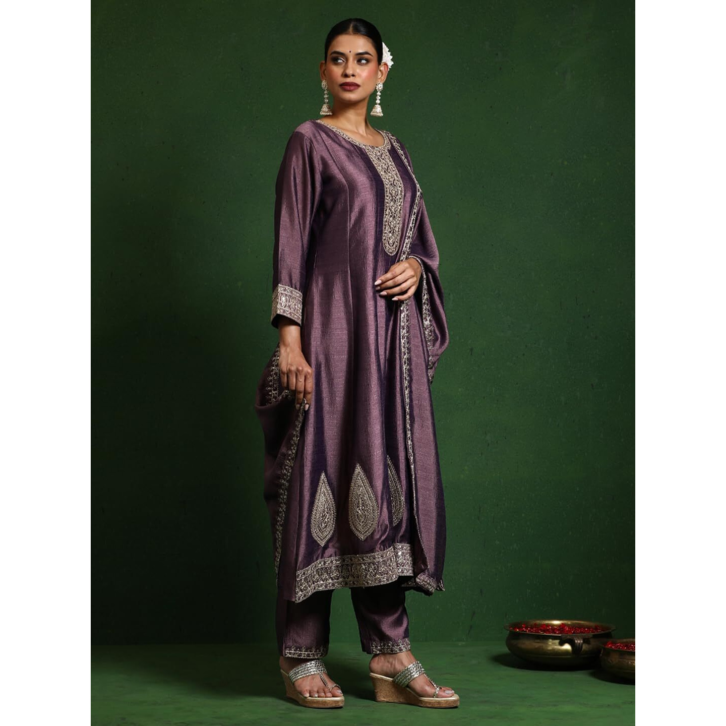 Varanga Women Zari Embroidered Anarkali Kurta With Trouser & Dupatta