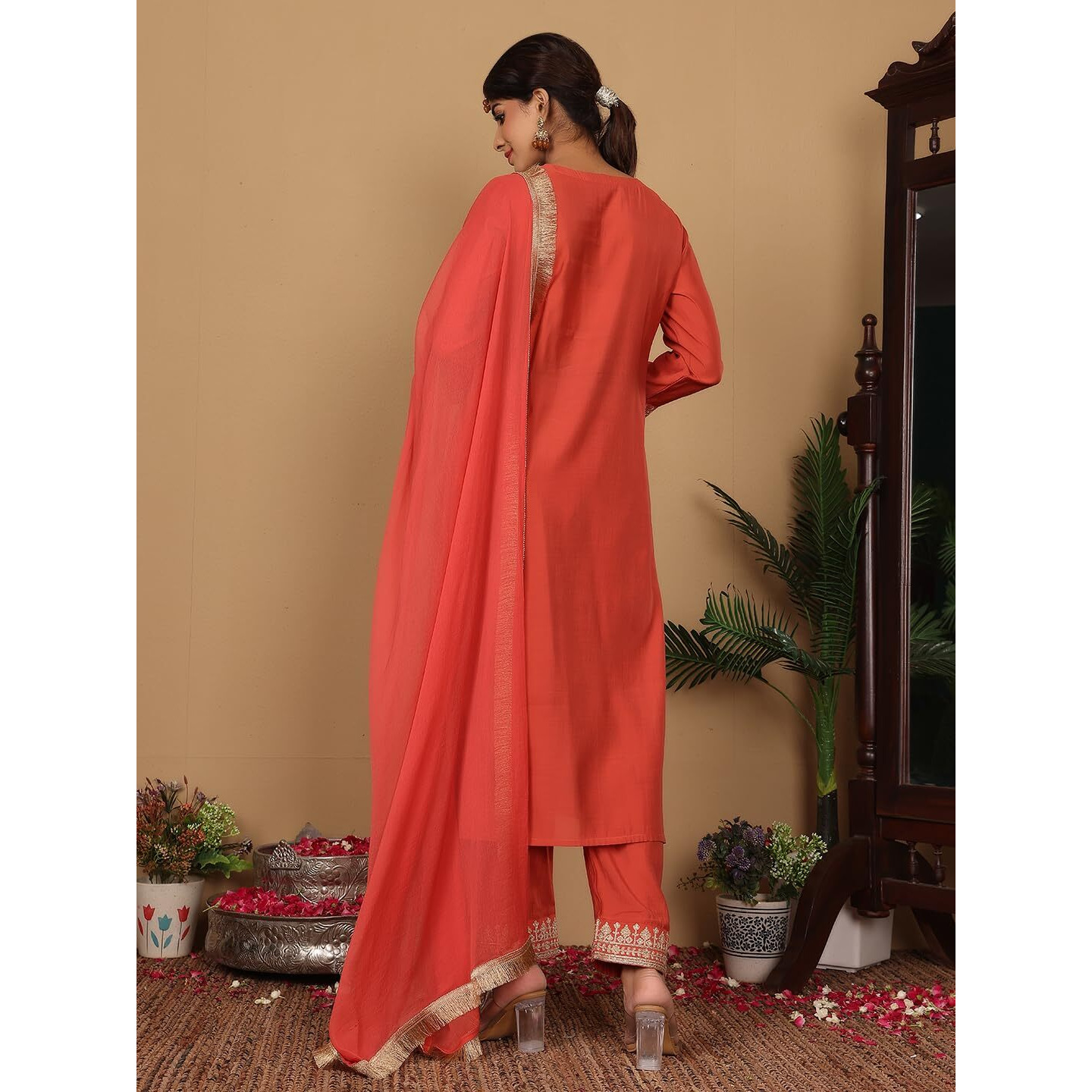 Varanga Women Silk Red Zari Embroidered Kurta With Bottom And Dupatta