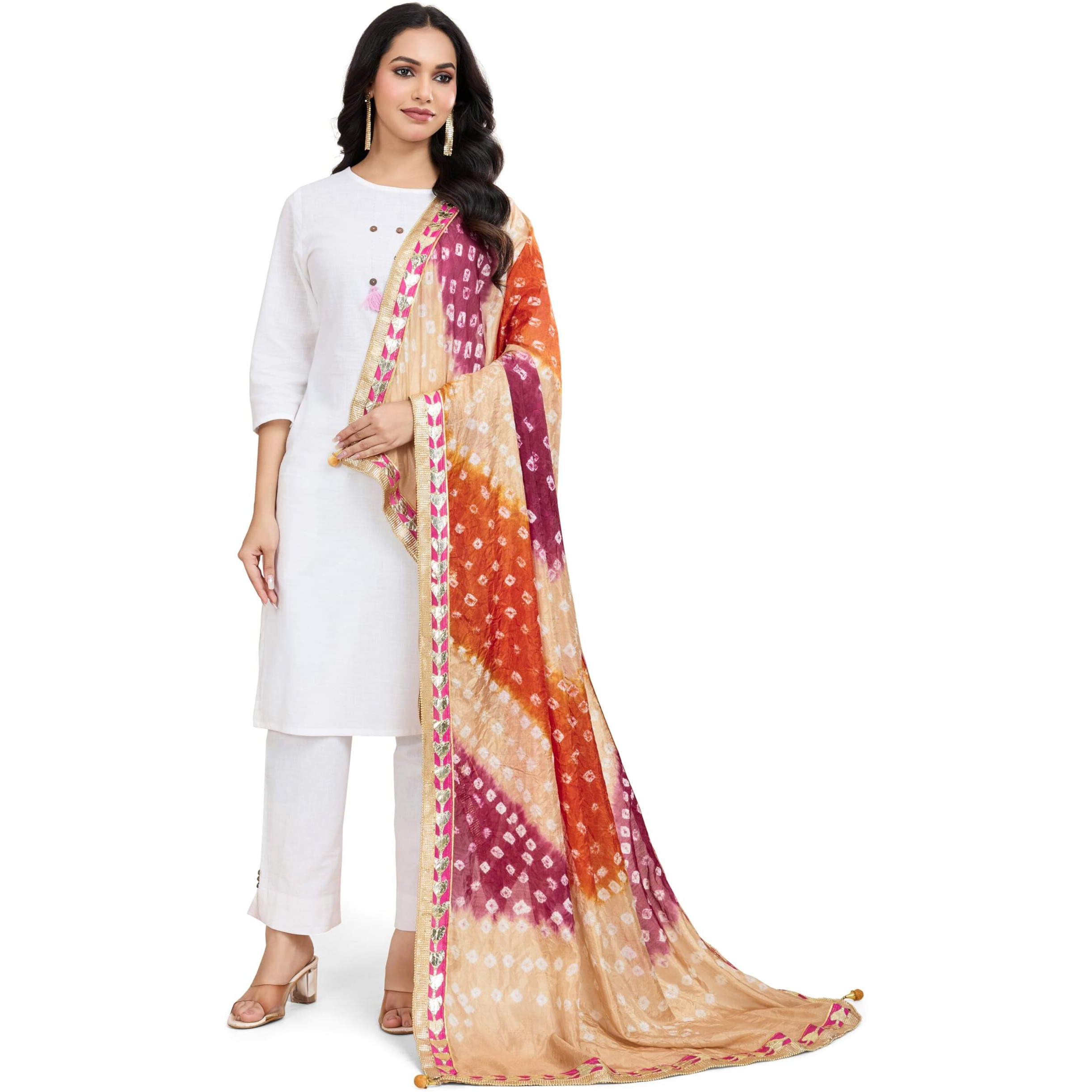 Weavers Villa Traditional Cotton Silk Bandhej Bandhani Multicolor Dupatta With Gota Patti Border, 2.15 Mtrs