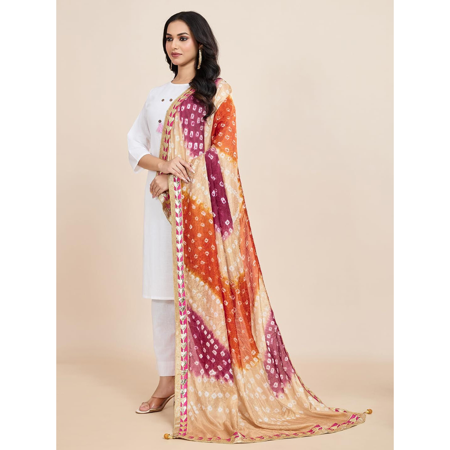 Weavers Villa Traditional Cotton Silk Bandhej Bandhani Multicolor Dupatta With Gota Patti Border, 2.15 Mtrs
