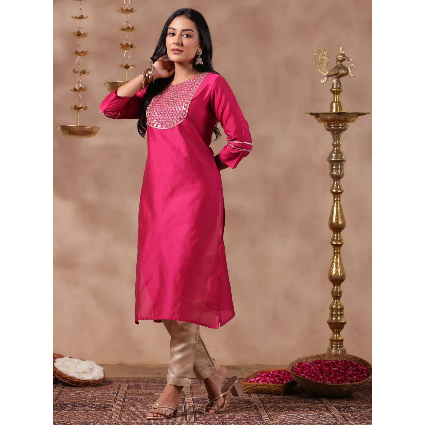 Anubhutee Women's Fuchsia Yoke Design Zari Work Silk Blend Straight Kurta