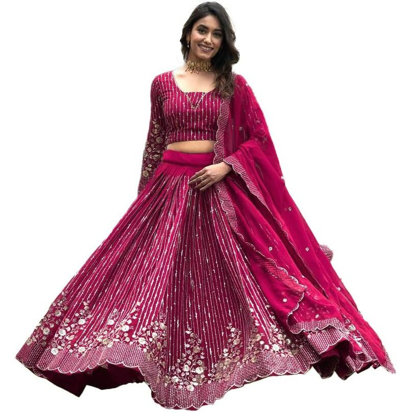 Fashion Basket Heavy Faux Georgette Sequence Embroidered Lehnga Choli With Dupatta For Women's-Pink