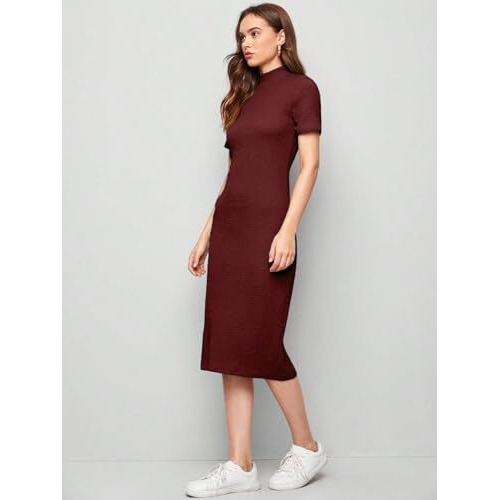 Greciilooks Poly Cotton One Piece Maxi Bodycon Dresses Midi Dress For Women (Gl-Wd1158_Burgundy_M)