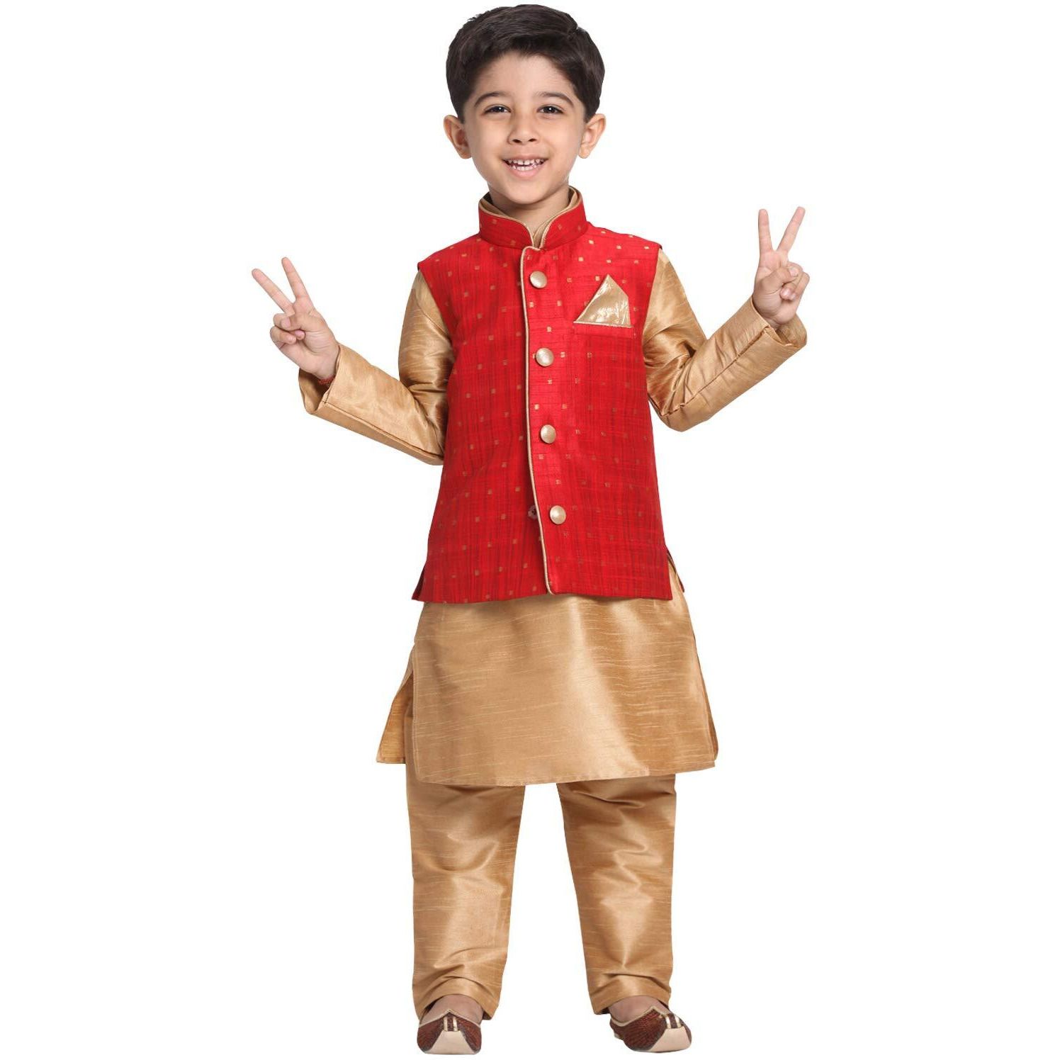 Vastramay Boys' Maroon Cotton Silk Blend Boys Nehru Modi Jacket Kurta & Pyjama Set - (Vasnbj009Manbkrg001Nprg) For 9-10 Years