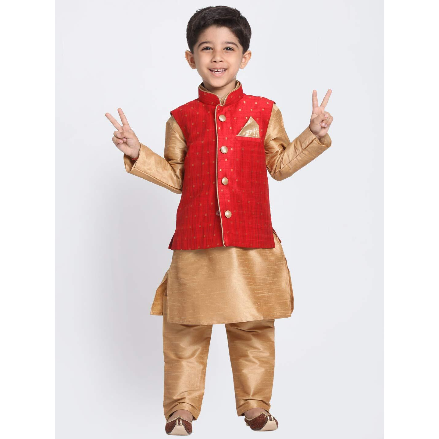 Vastramay Boys' Maroon Cotton Silk Blend Boys Nehru Modi Jacket Kurta & Pyjama Set - (Vasnbj009Manbkrg001Nprg) For 9-10 Years