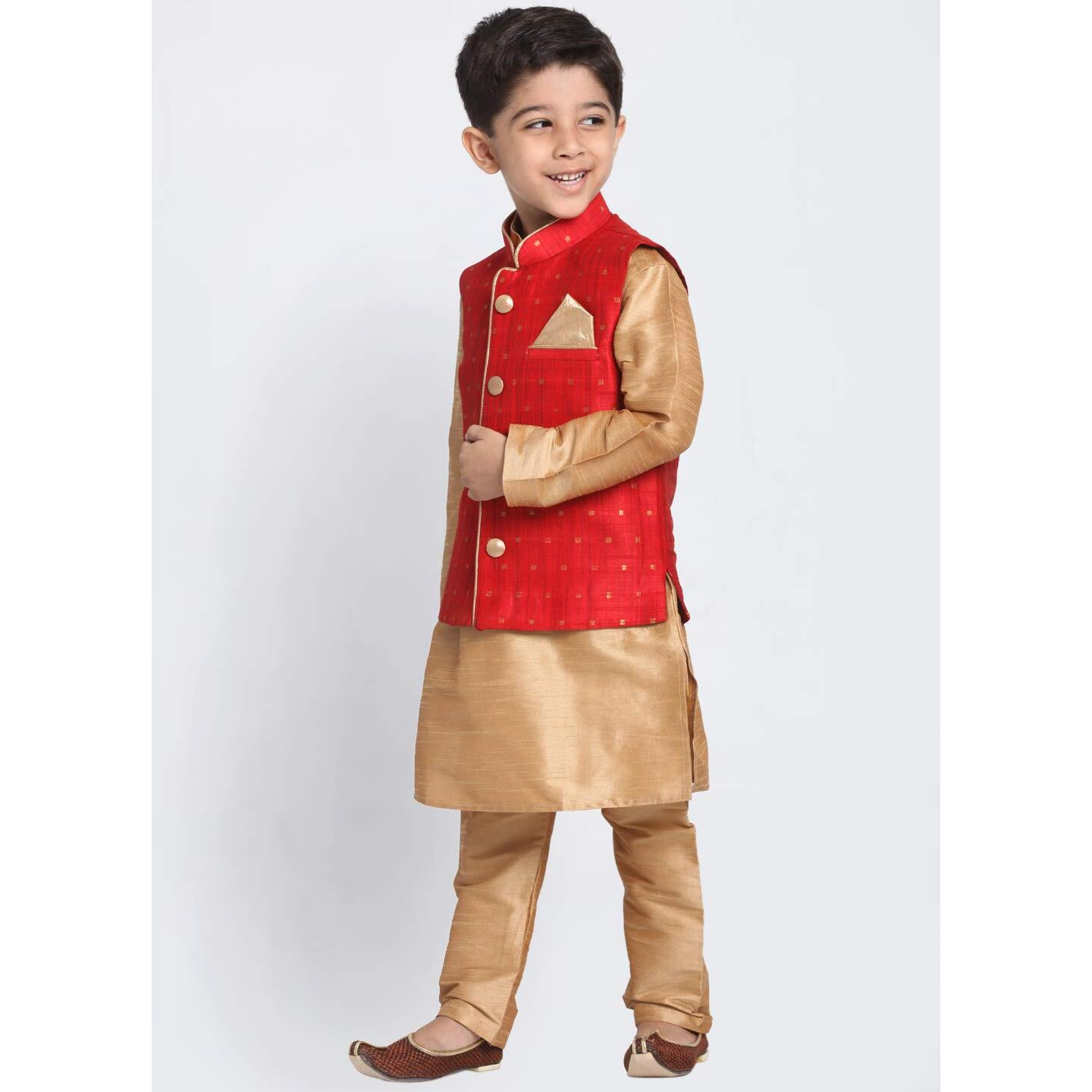 Vastramay Boys' Maroon Cotton Silk Blend Boys Nehru Modi Jacket Kurta & Pyjama Set - (Vasnbj009Manbkrg001Nprg) For 9-10 Years